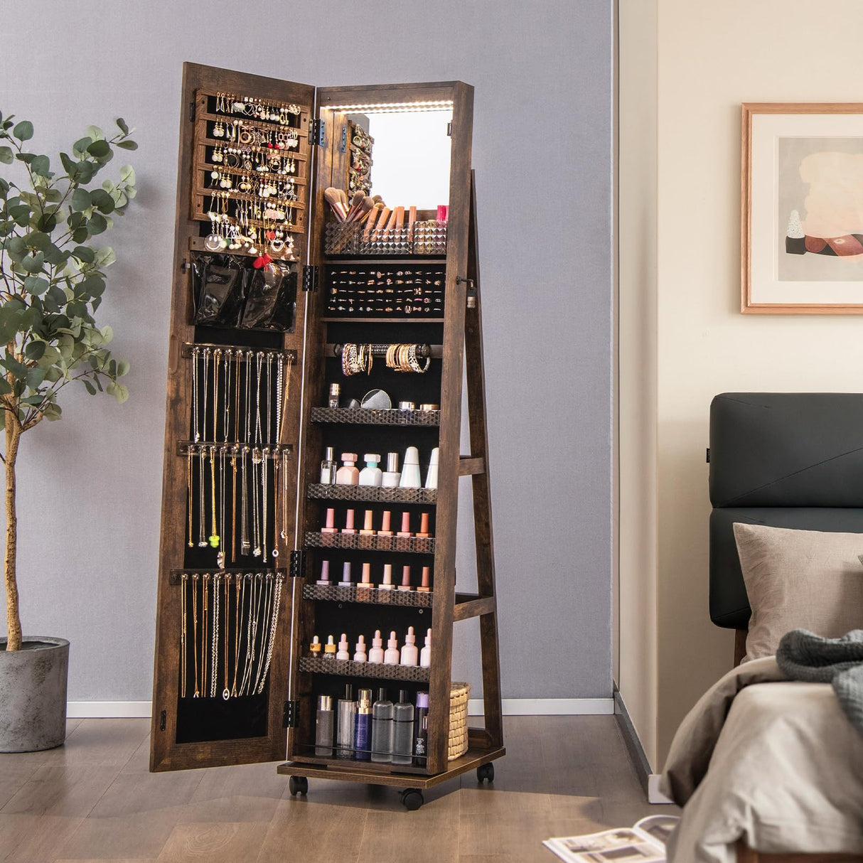 Byroce 360° Rotating Jewelry Armoire with Wheels, Lockable Jewelry Organizer W/ 3-Color LED Lights, Adjustable Shelves & Rear Storage, 64’’H Full Length Mirror Jewelry Cabinet Standing (Rustic Brown) Byroce