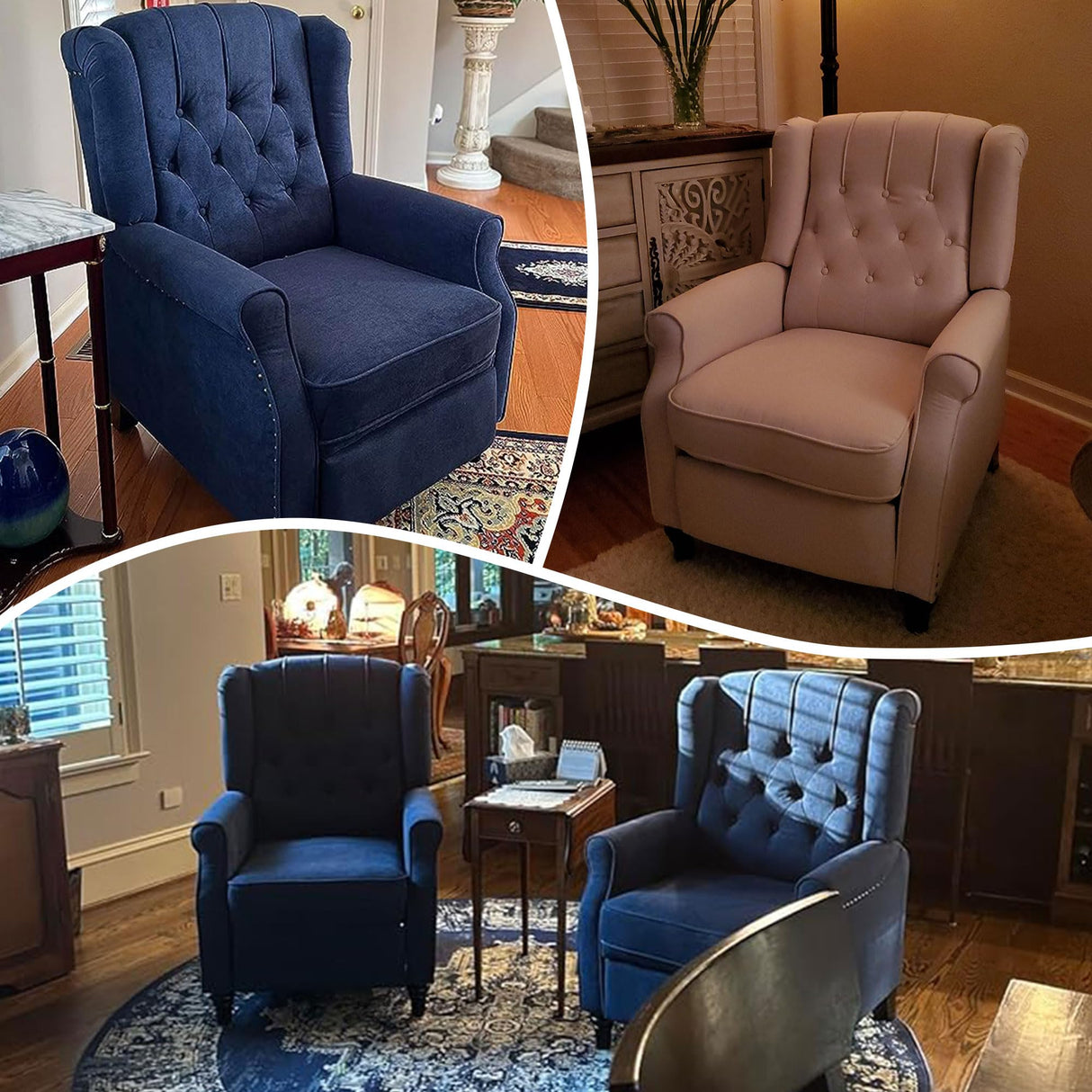 Wingback Pushback Recliner Chair, High Back Upholstered Armchair with Solid Wood Legs, Rivet Decoration, Blue Bonzy Home
