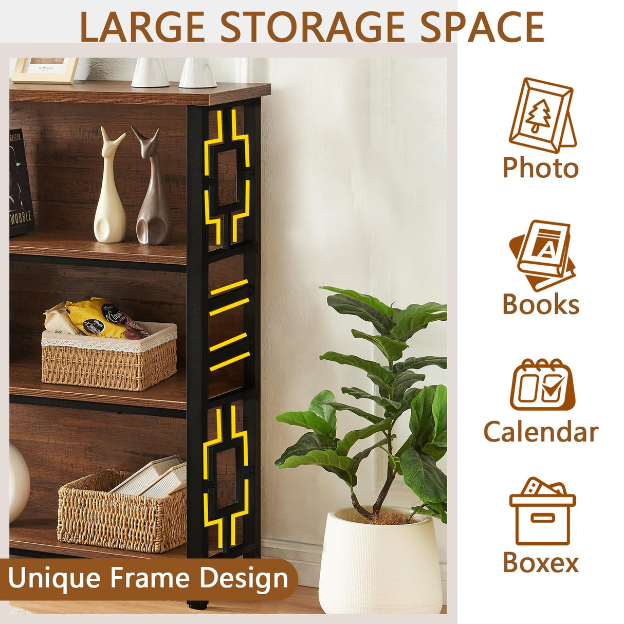 HOMISSUE Book Shelf, 4 Tier Deep Bookshelf with Storage, Engineered Wood and Metal Shelf Bookcase, Low Short Bookcases for Small Space, Living Room, Bedroom, Office, Rustic Brown