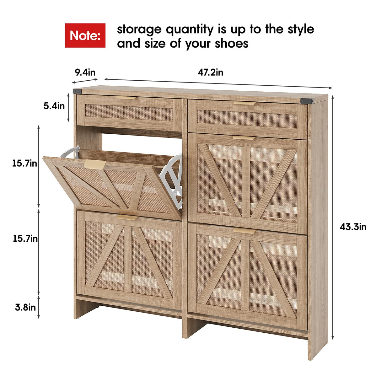 Halitaa Shoe Cabinet with 4 Flip Drawers & 2 Drawers,Farmhouse Shoe Storage Cabinet for Entryway,Slim Freestanding Organizer Rack for Front Door Entrance,Rustic Oak Rattan Halitaa