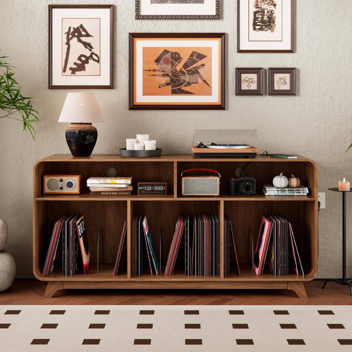 Boweniog Record Player Stand with Vinyl Storage Cabinet with Charging Station & USB Ports, Turntable Stand Table Holds Up to 350 Albums, Curved Vinyl Record Cabinet for Living Room (Walnut, 55-inch) Boweniog