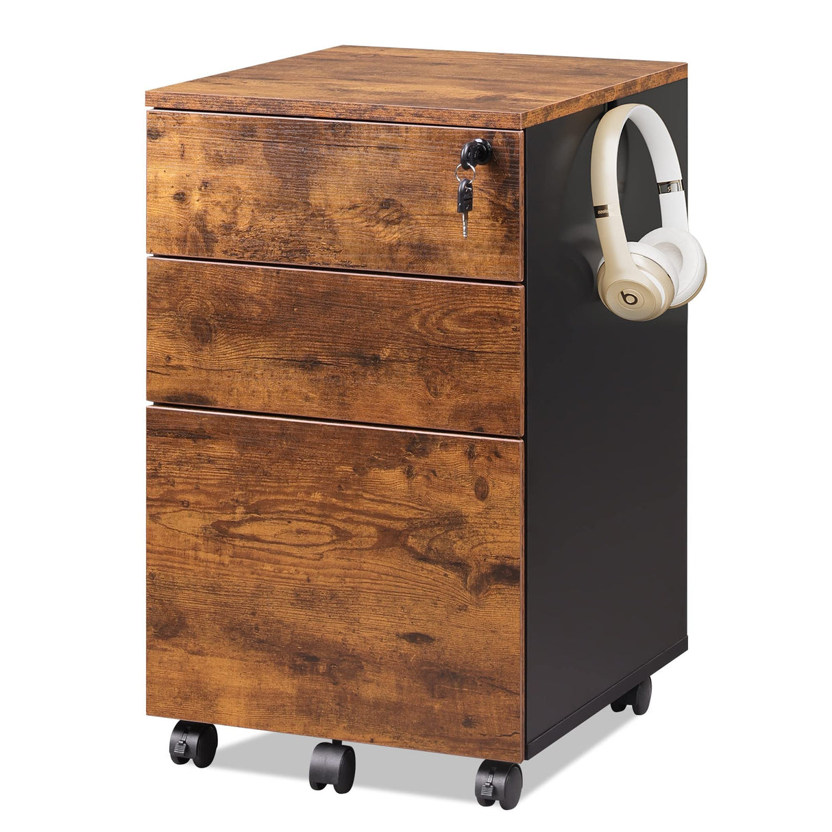 DEVAISE 3 Drawer Rolling File Cabinet with Lock, Wood Under Desk Filing Cabinet fits Letter/Legal/A4 Size for Home Office, Rustic Brown DEVAISE