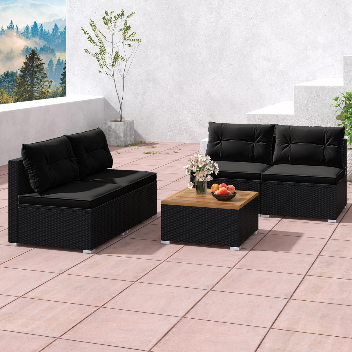 RELAX4LIFE 5-Piece Wicker Outdoor Furniture - PE Rattan Sectional Conversation Set w/4 Armless Sofas & Acacia Wood Coffee Table, Cushioned Patio Sofa Set for Garden Poolside Backyard Porch (Black) RELAX4LIFE