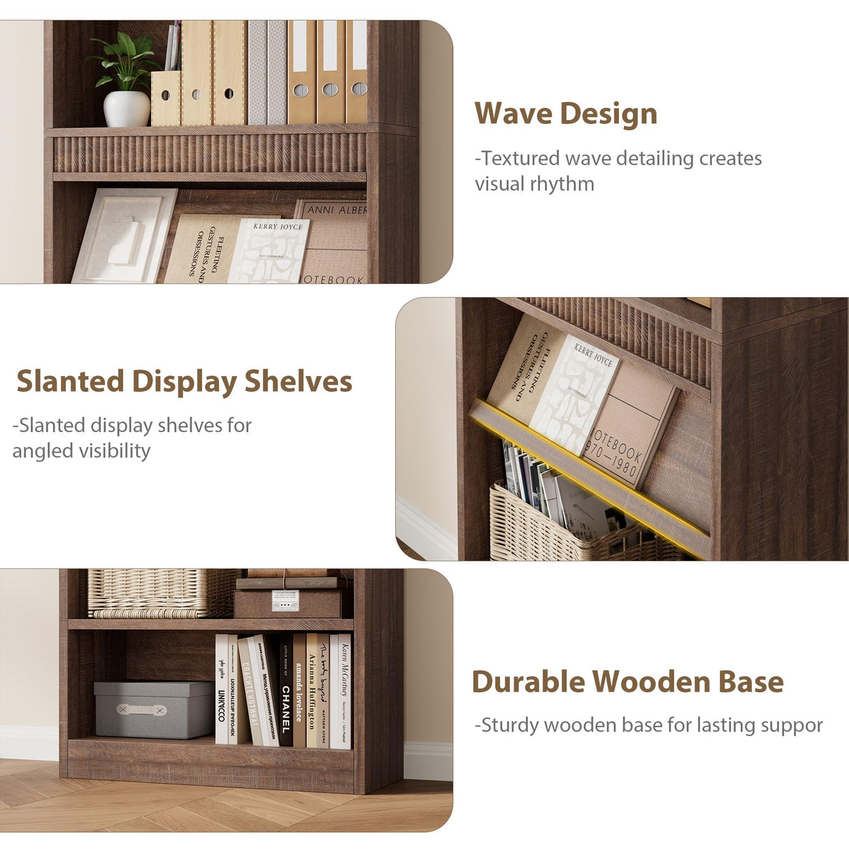 GarveeHome 71 in Farmhouse Bookcase w/Display Rack & Fluted Design, 5 Tier Tall Bookshelf with Wooden Base, Wood Bookshelf Vintage Book Shelf for Office Library (Brown, 71.5" H x 30.7" W x 11.9" D) GarveeHome