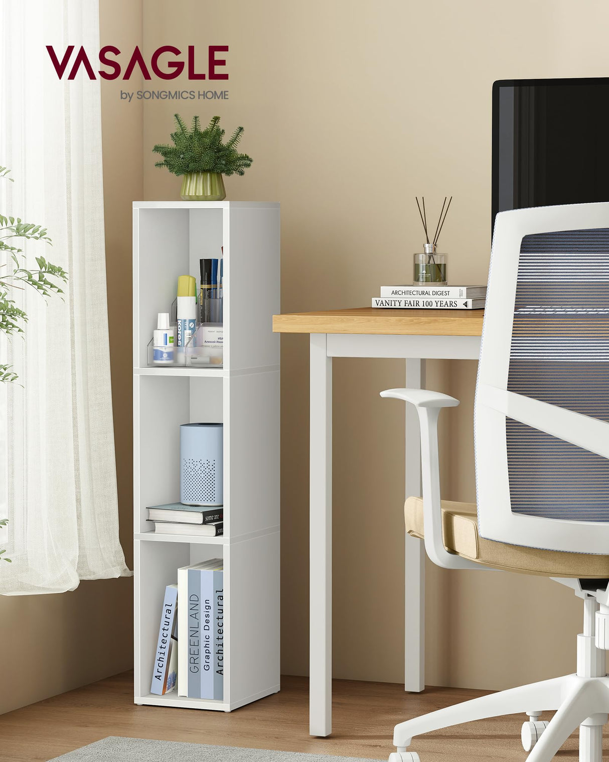 VASAGLE Custos Collection - Bookshelf, 3-Tier Bookcase, Book Shelf, Open Storage Shelf, 9.4 x 7.9 x 37.3 Inches, for Living Room, Home Office, Dining Room, Cloud White ULBC523W01 VASAGLE