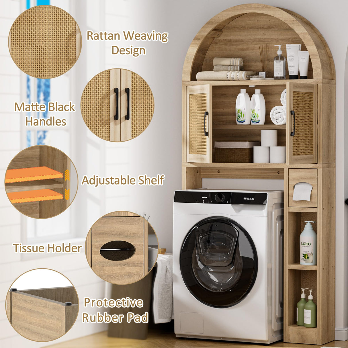 Spurgehom Over The Toilet Storage Cabinet, Bathroom Shelf Organizer Freestanding, Bathroom Arch Cabinet Over Toilet with Toilet Paper Holder and Anti-Tipping Device (Wood & Wicker Door) Spurgehom