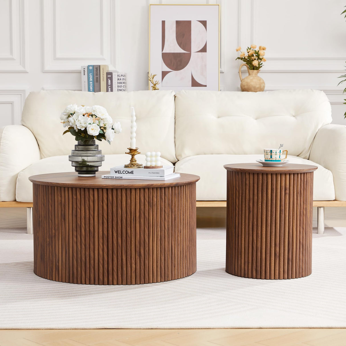 Round Nesting Coffee Table Set of 2, Mid Century Modern Wood Coffee Tables and End Table Set, Circle Side Table Minimalist Center Tables for Living Room, Office(Walnut) AVZEAR