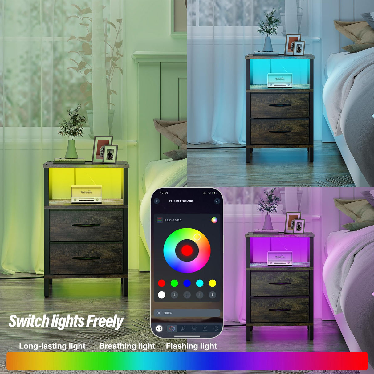 TUTOTAK LED End Table with Charging Station, Nightstand with Cloth Drawer, Side Table with Outlets, Set of 2, Couch Table, Brown TB01BB068 TUTOTAK