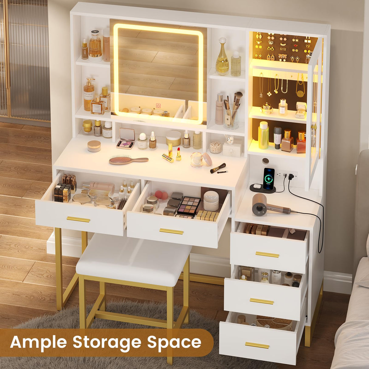 BTHFST Makeup Vanity with Upholstered Stool & Charging Station, Vanity Desk with Mirror and Lights, Vanity Table Set with Jewelry Storage & RGB Lights & 5 Drawers & Shelves, White & Gold BTHFST