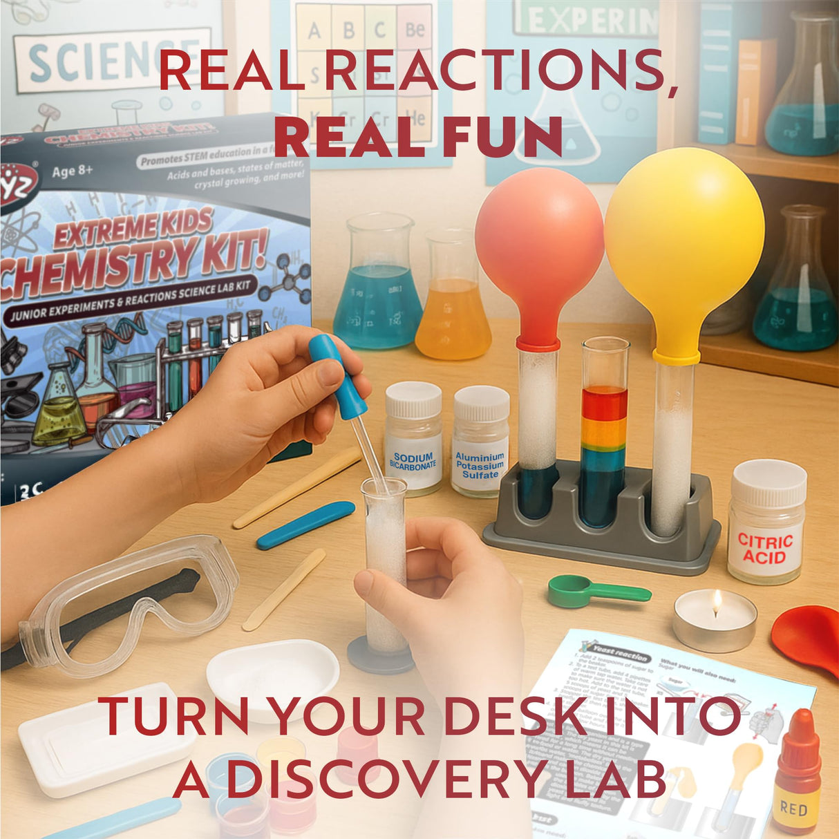 Playz Extreme Chemistry Set – 52 Unique Experiments, Science Kits for Kids Age 8-12, Lab Gear, Volcano Project, Learning Tools, Fair Activity, Discovery Gift, STEM Toys for Boys and Girls Playz