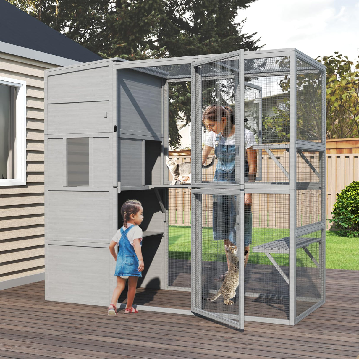 TIMHAKA Catio Outdoor Cat Enclosure, Large 4 Tiers Cat Catio Connect to Window, Cat Enclosures for Indoor Cats with Waterproof Roof, Cat Cage with Multi Jump Platforms and Resting House, 71 inch TIMHAKA