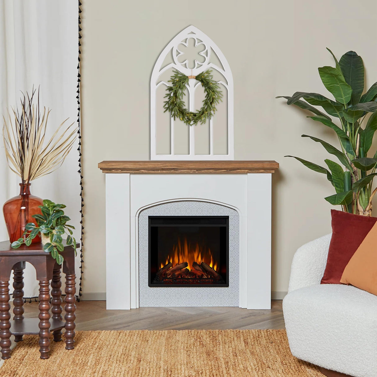 Sintosin Gothic Arched Window Frames for Wall Decor Living Room 20 X 33 Inch, Hanging Distressed White Wooden Farmhouse Window Pane, Rustic Cathedral Window Frame for Halloween Entryway Sintosin