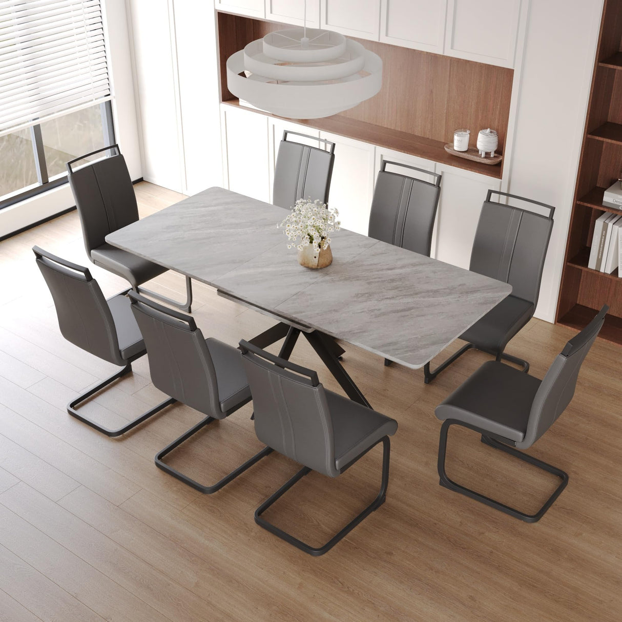 Modern Dining Table Set for 8,Adjustable Dining Table,Rectangular Rock Slab Dining Table for 8-10 People,Metal Base and Legs for Living Room,Dining Room,Kitchen ,78" Dining Table+8 Gray Chairs WIIS' IDEA