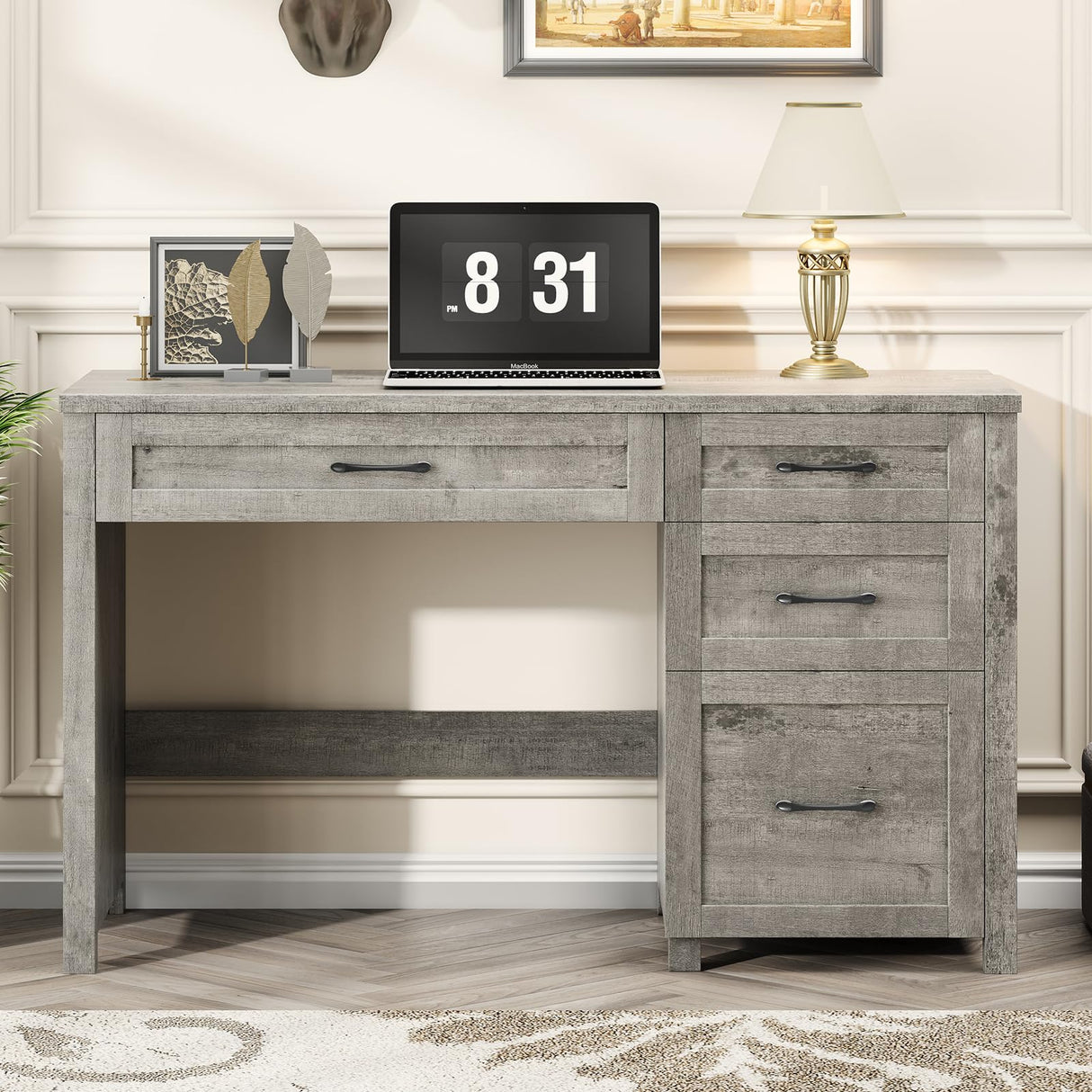 Halitaa Farmhouse 47" Executive Desk, Computer Desk with File Drawer and Charging Station, Workstation for Home Office, Study.Grey Halitaa