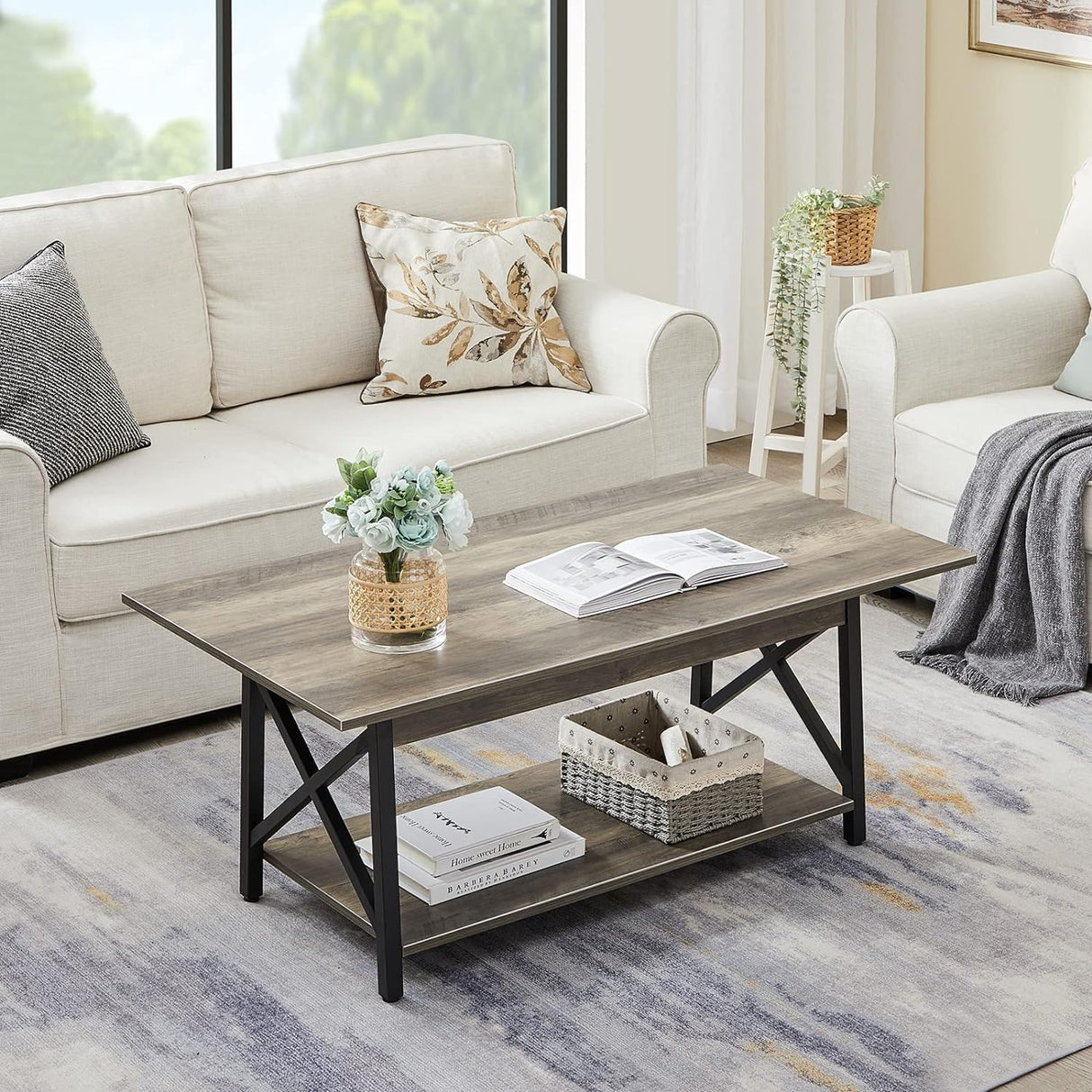 GreenForest Coffee Table with Storage, 39inch Modern 2-Tier Coffee Tables for Living Room, X-Frame Design Farmhouse Coffee Table Space Saving Living Room Small Tables, Easy Assembly, Grey Wash GreenForest