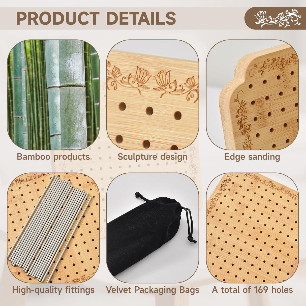 Crochet Blocking Board with Tulips Pattern, 22 Pins/Pegs, Blocking Board for Crocheting Knitting, Bamboo Granny Square Blocking Boards for Crochet Projects, Crocheting Accessories Gifts FEIYAUMI