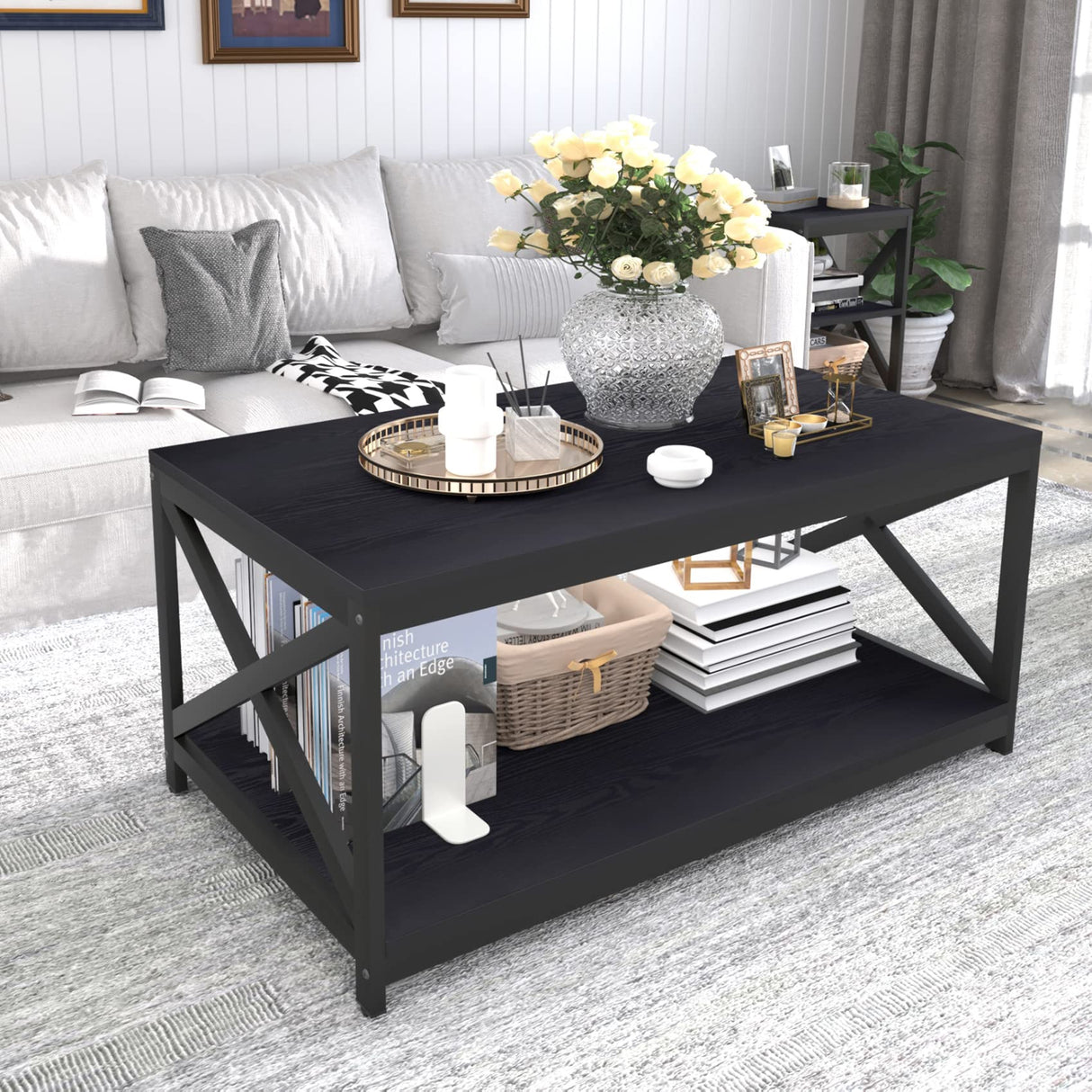 Bigbiglife Living Room Coffee Table Set of 3, Industrial X-Design Coffee Table and 2 End Side Tables, 3 Piece Living Room Table Set with Large Storage for Apartment Home, Black Bigbiglife