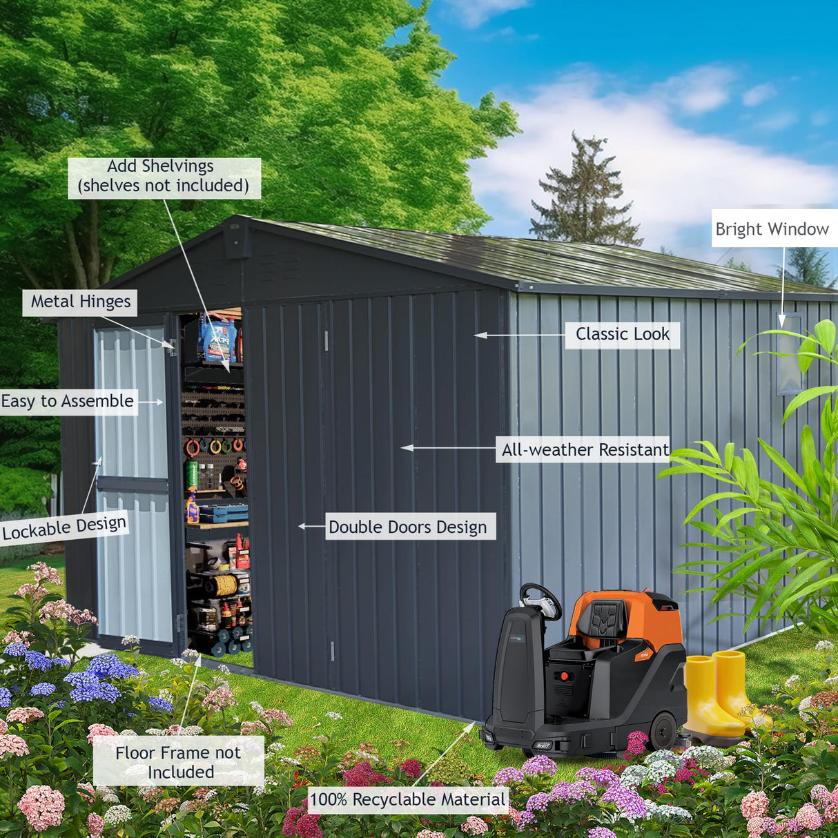 Domi Outdoor Storage Shed 11’ x 9’, Metal Sheds with Galvanized Steel Frame & Windows & Lockable Door, Garden Shed Tool Storage Room for Patio(Dark Gray) domi outdoor living