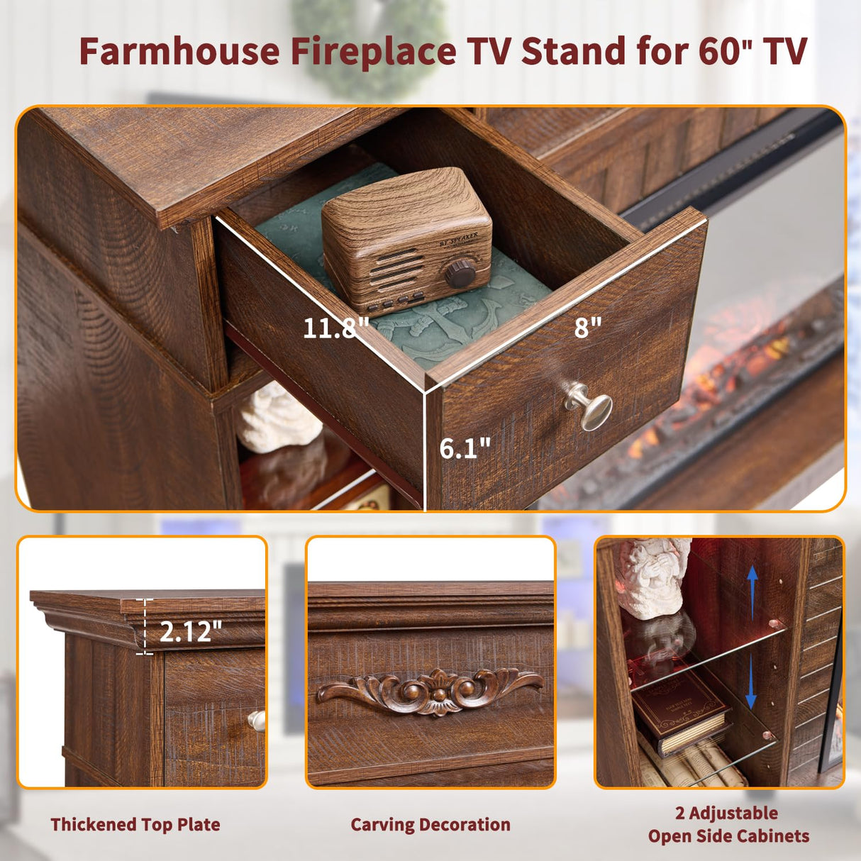 IFBUY 54" Farmhouse Electric Fireplace with Mantel, 33" Tall LED Fireplace TV Stand w/7 Lighting Colors, 23'' Freestanding Electric Fireplace Heater, Open Adjustable Shelves & Drawers, Brown IFBUY