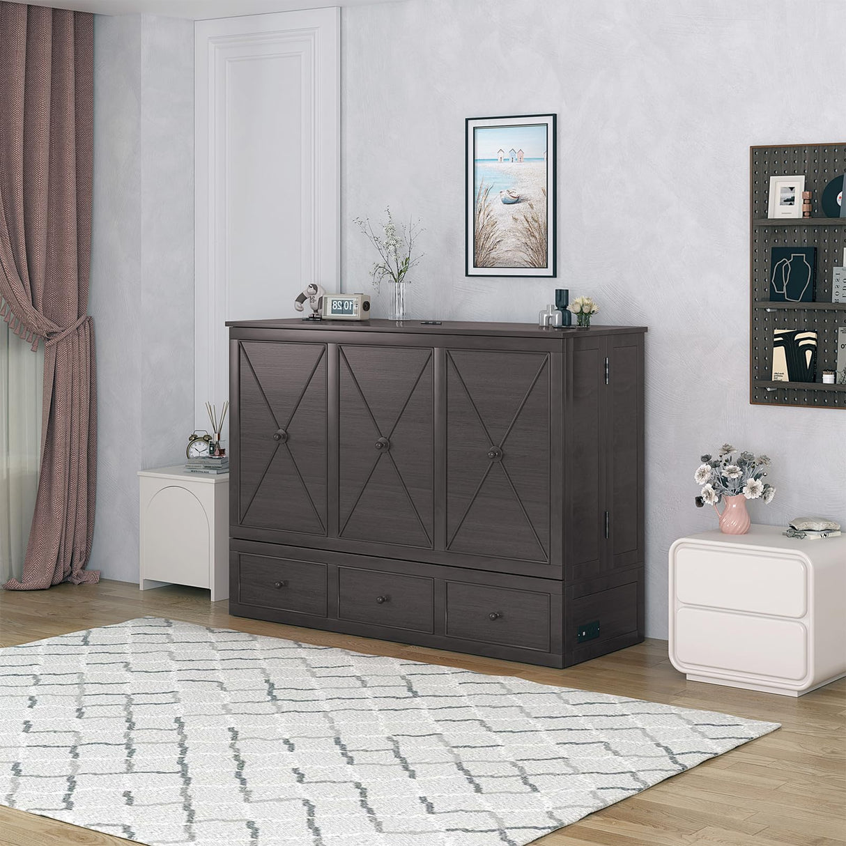 PUREMIND Queen Murphy Bed with 2 Storage Drawers, Hidden Murphy Cabinet Bed with Mattress, Murphy Chest Beds with Built-in USB Charging Station and Headboard for Bedroom, Guest Room PUREMIND