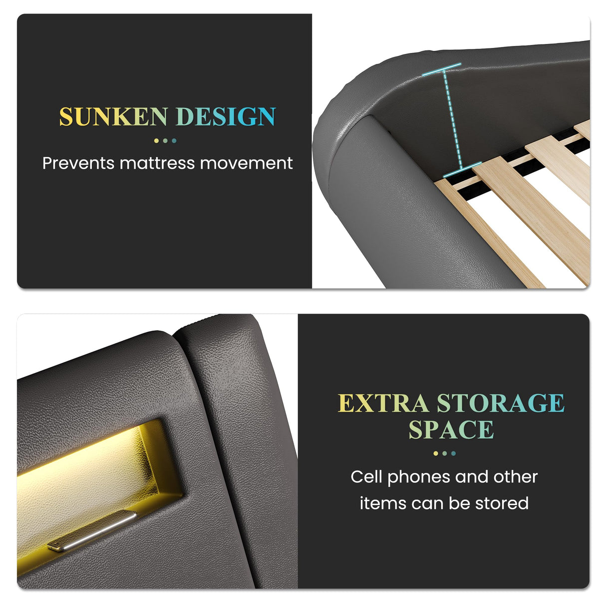 SHA CERLIN LED King Deluxe Upholstered Bed Frame - Adjustable Grey Sleigh Design with Music Sync Lighting SHA CERLIN