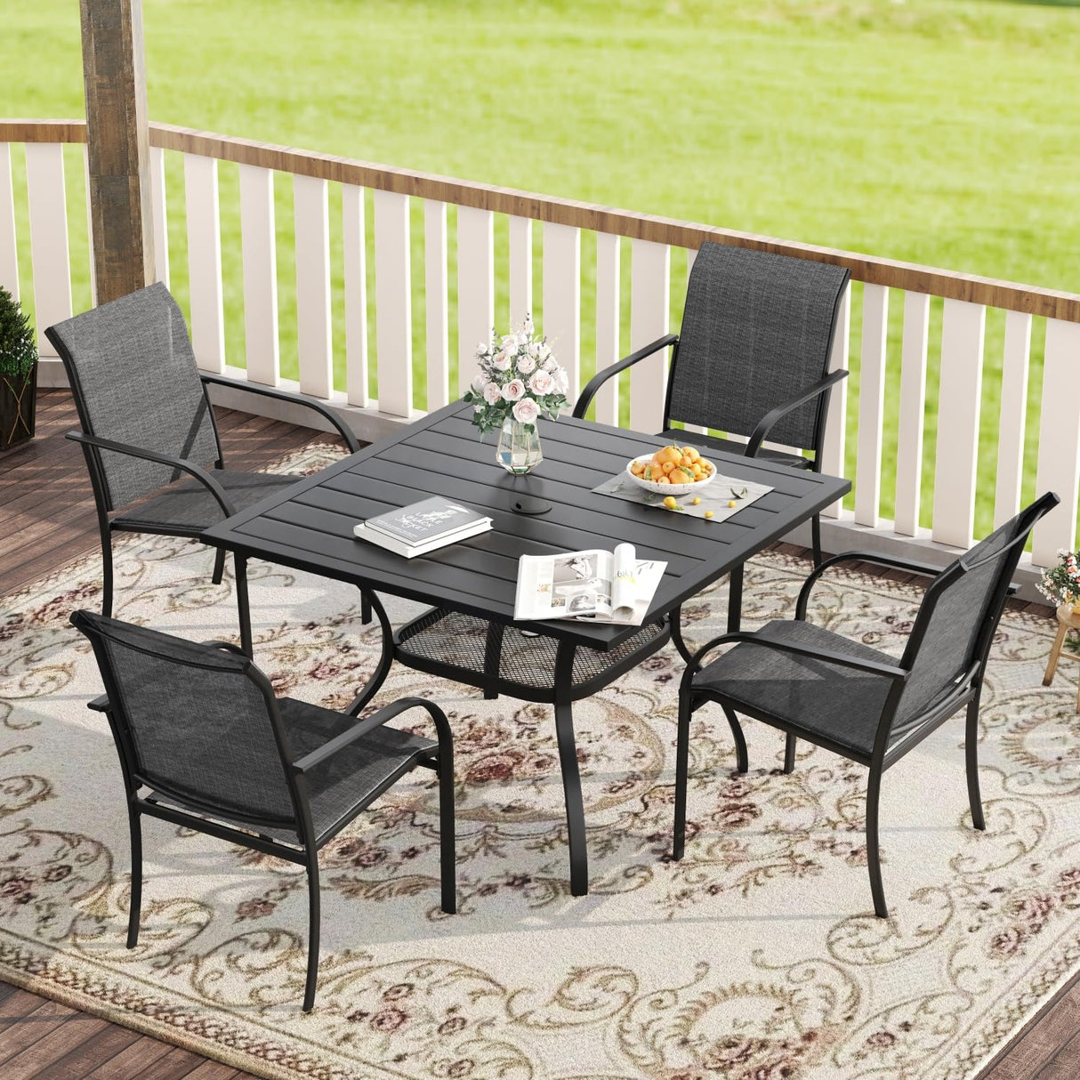 VICLLAX 5 Pieces Patio Dining Set, Outdoor Furniture Set Includes 1 Square Outdoor Table and 4 Stackable Patio Sling Chairs, Black Tabletop and Grey Fabric VICLLAX