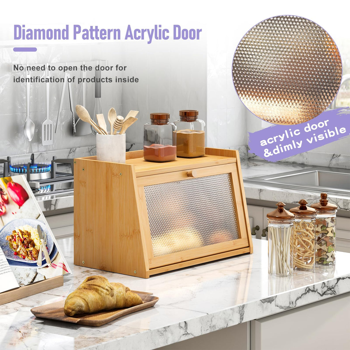 Wieghda Large Farmhouse Bread Box with Window - Natural Wood Bread Storage Container for Kitchen Countertop Wieghda