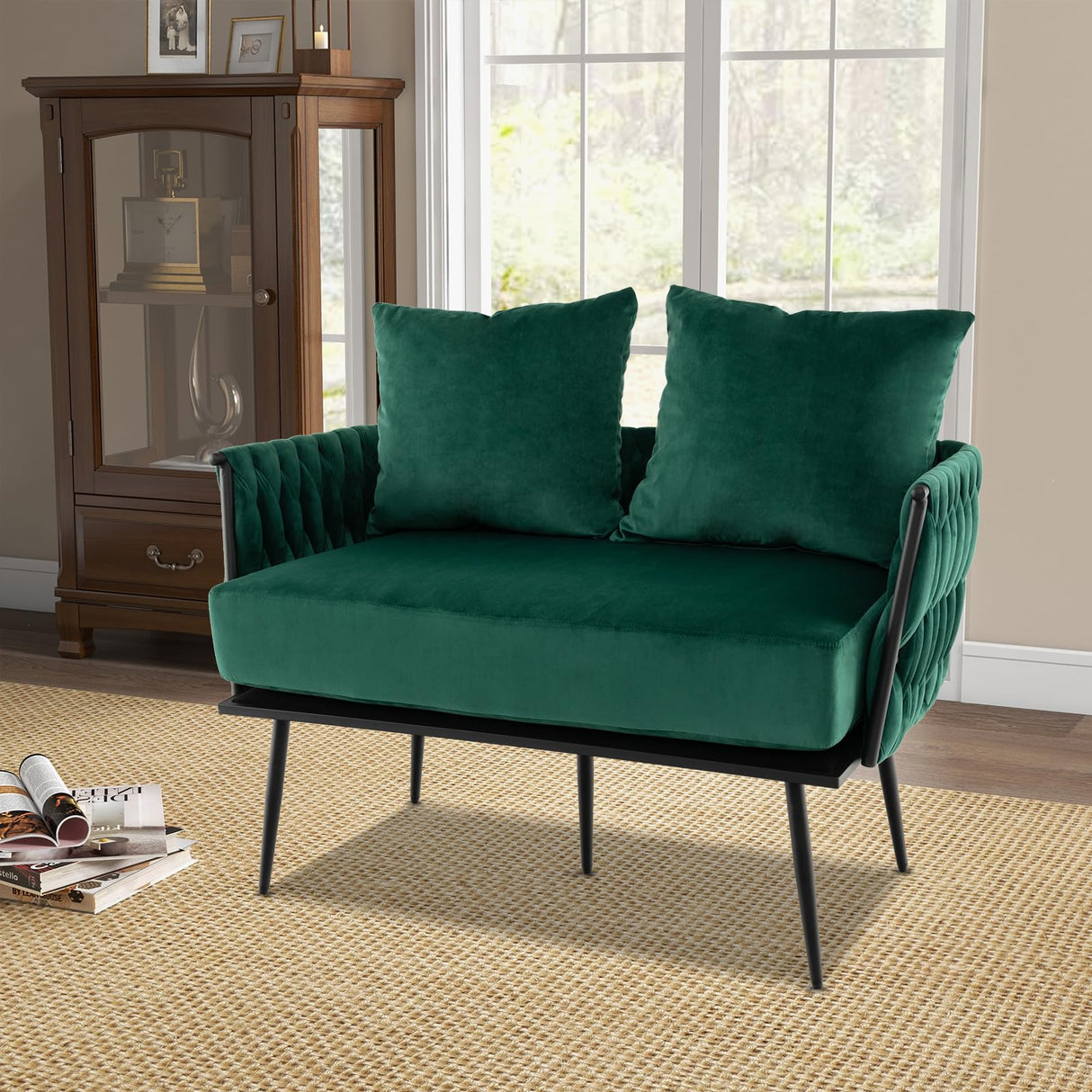 Giantex Loveseat Sofa, Upholstered 2 Seat Sofa Couch with Dutch Velvet, Woven Back and Arms, 2 Pillows, Removable Padded Cushion, 5 Solid Metal Legs, for Living Room Apartment Reception Room (Green) Giantex