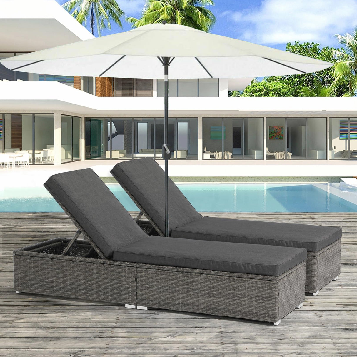 JOIVI Outdoor Patio Chaise Lounge Chairs Set of 2, PE Wicker Patio Pool Lounge Chairs Furniture Set of 2, Pool Lounger Gray Rattan Adjustable Backrest with Removable Dark Gray Cushion JOIVI
