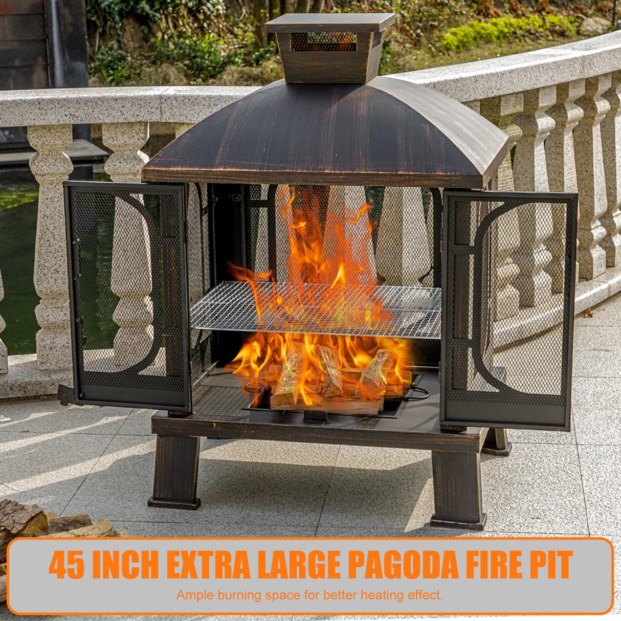 Panovue 45" H×31''W Metal Chiminea Fire Pit with Grill, Wood Burning Fire Pits for Outside,Square Chimineas Fireplace with Mesh Spark Screen Door& Fire Poker for Garden,Yard,BBQ,Bonfire Panovue