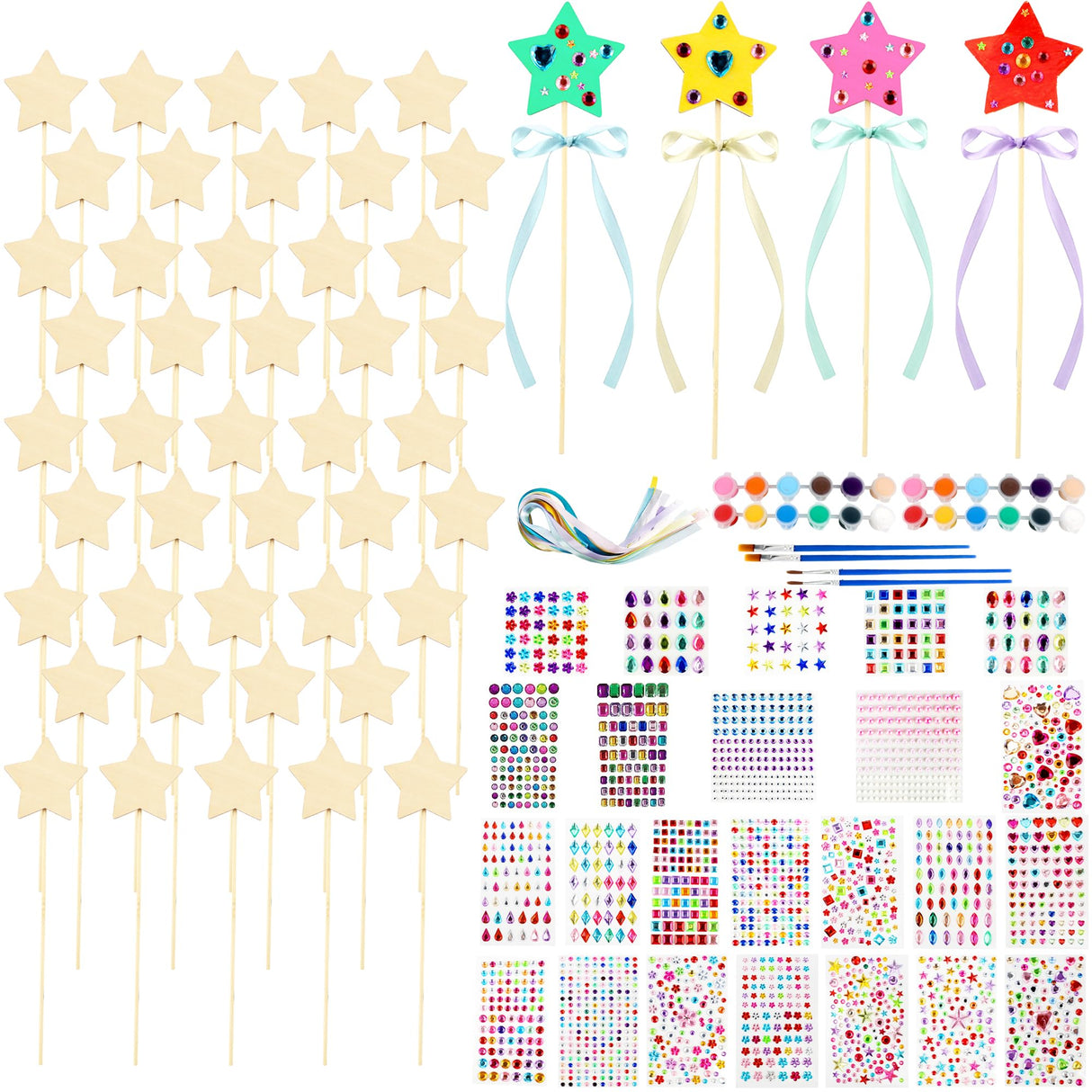 122 Pcs Unfinished Star Princess Fairy Wands Kit Make Your Own Princess Wand DIY Art Craft Magical Wand Include 48 Star Wooden Fairy Wands 24 Gem Stickers 48 Ribbons 12 Markers for Kids Party Supplies Feradny