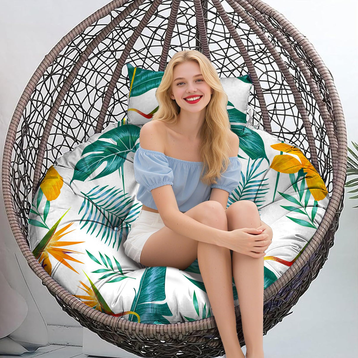 Outdoor Round Egg Chair Cushion Replacement, Waterproof 45"L x 45"W Thicken Hanging Swing Egg Chair Cushions with Headrest Pillow, Wicker Basket Eggs Chairs Pad for Garden Offices(Yellow Green Leaf) Uthem