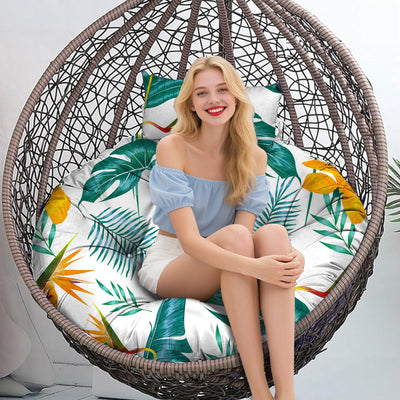 Outdoor Round Egg Chair Cushion Replacement, Waterproof 45"L x 45"W Thicken Hanging Swing Egg Chair Cushions with Headrest Pillow, Wicker Basket Eggs Chairs Pad for Garden Offices(Yellow Green Leaf)