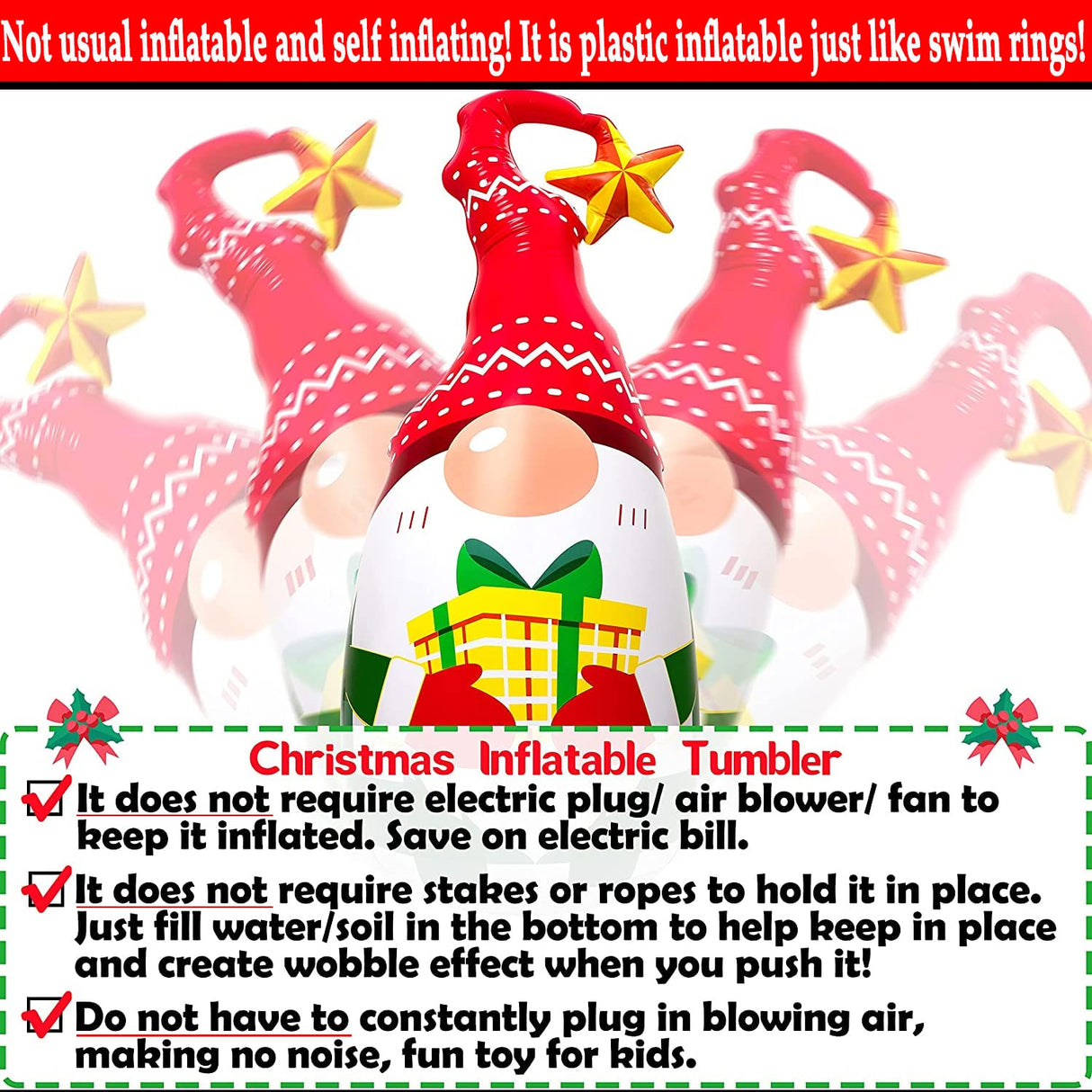 5Ft Lighted Outdoor Christmas Decorations Inflatables - Blow Up Gnome Tumbler Xmas/Winter Holiday/Happy New Year 2025 Display Indoor Party Decor Supplies Renbuzhu