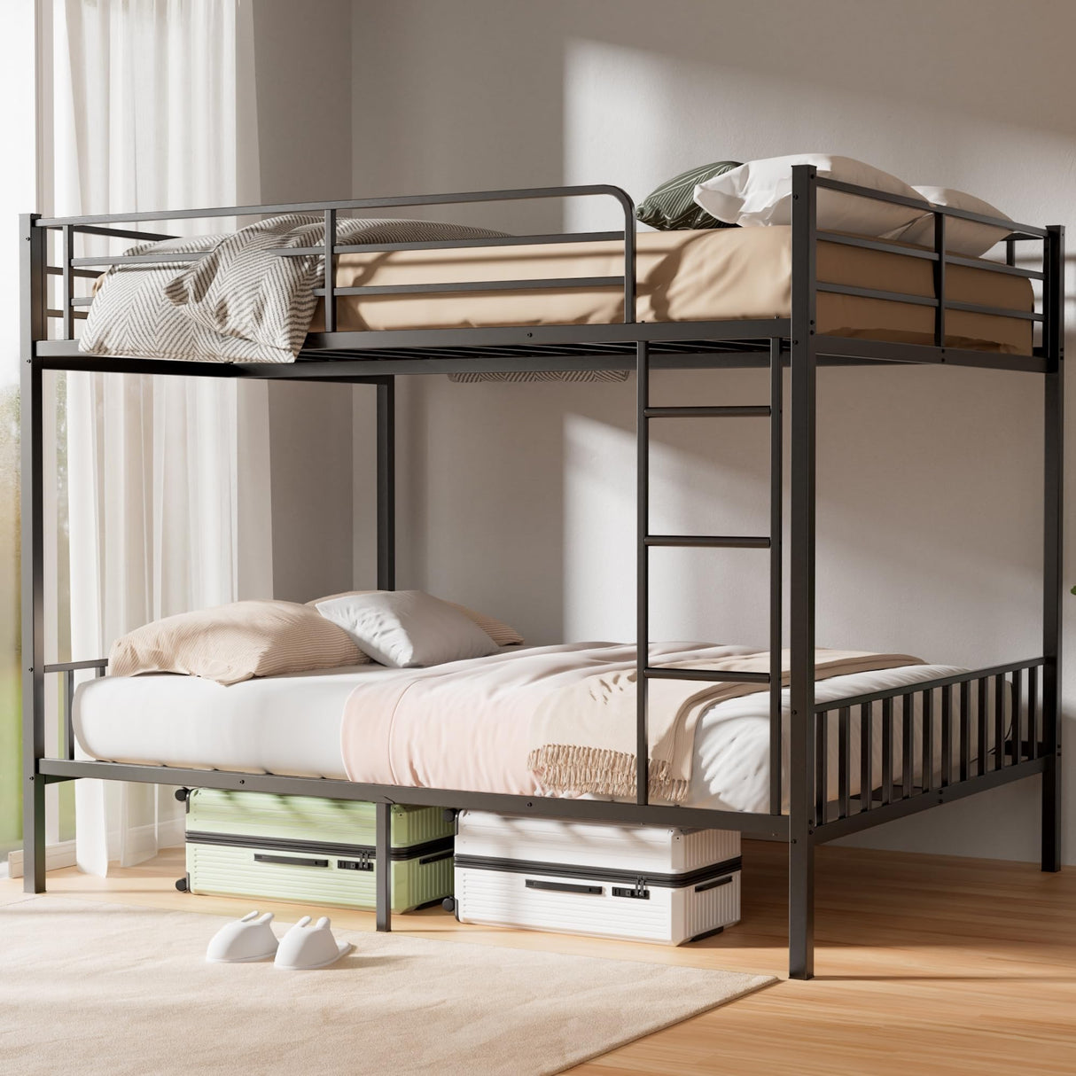 Feetice Queen Over Queen Bunk Bed, Heavy Duty Metal Bunk Bed with PVC Anti-Slip Ladder & Full-Length Guardrails, Noise-Free Bunk Bed Frame for Adults, Teens, Black Feetice