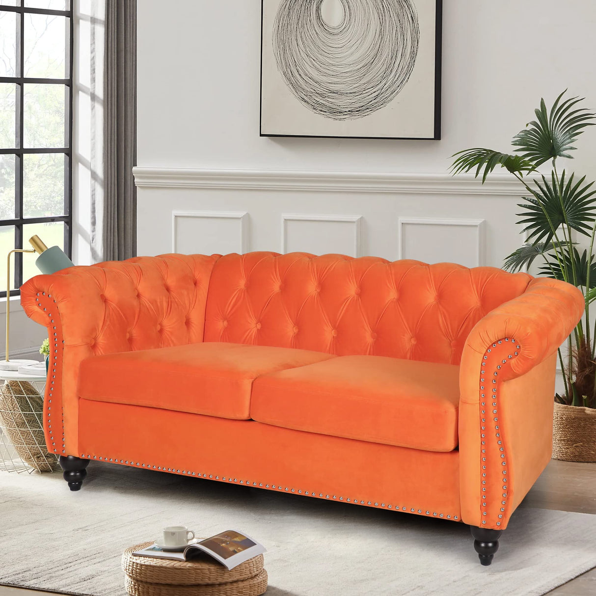 RARZOE Traditional Chesterfield Loveseat Sofa, Modern Vintage Chesterfield Button Tufted Velvet Couch with Nailhead Trim Scrolled Arms for Living Room Bedroom Office(Orange) RARZOE
