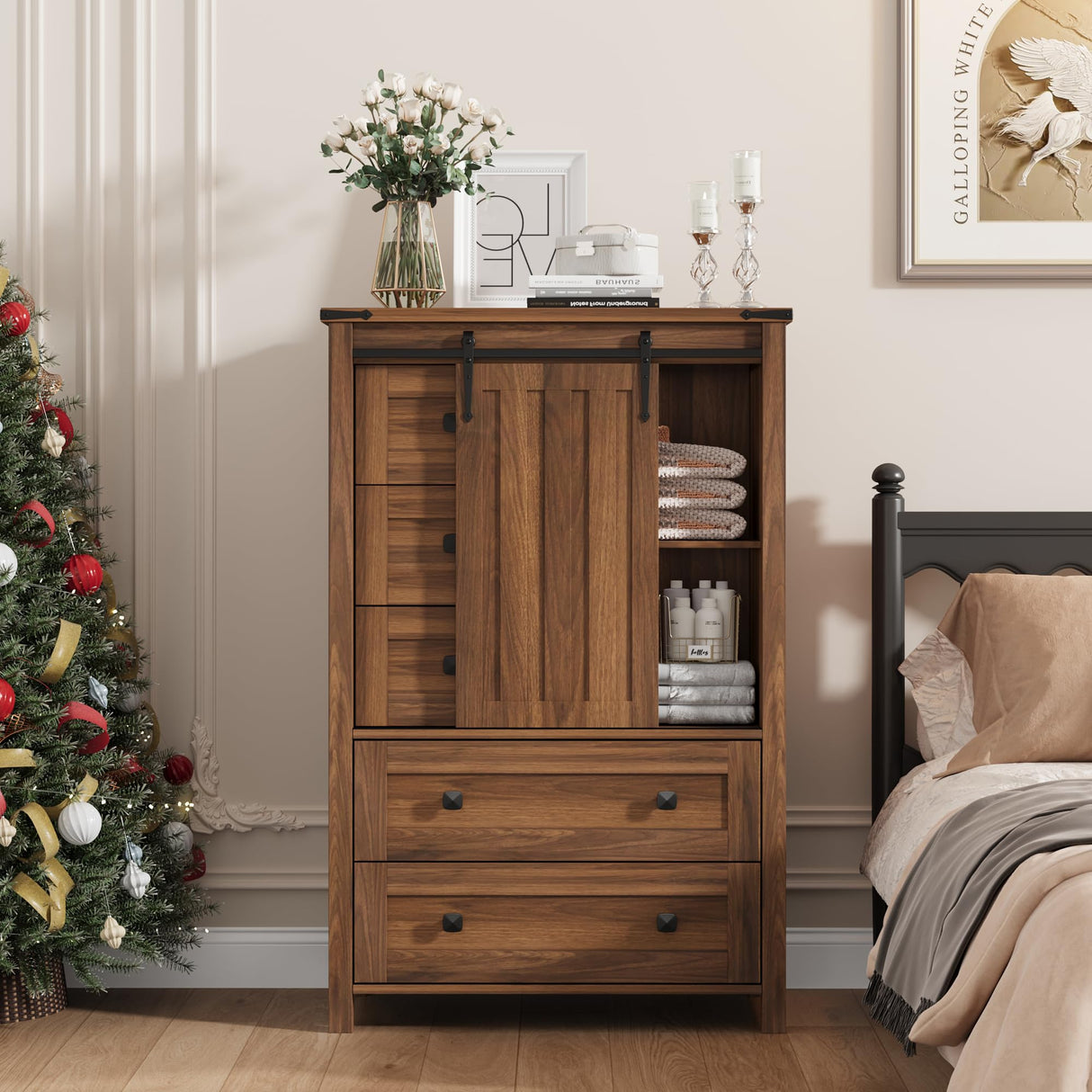 IDEALHOUSE Farmhouse 5 Drawer Dresser for Bedroom, 48" Tall Wood Dresser Chest of Drawer with Sliding Barn Door, Adjustable Shelf, Storage Organizer for Bedroom, Hallway, Living Room, Kitchen, Walnut IDEALHOUSE