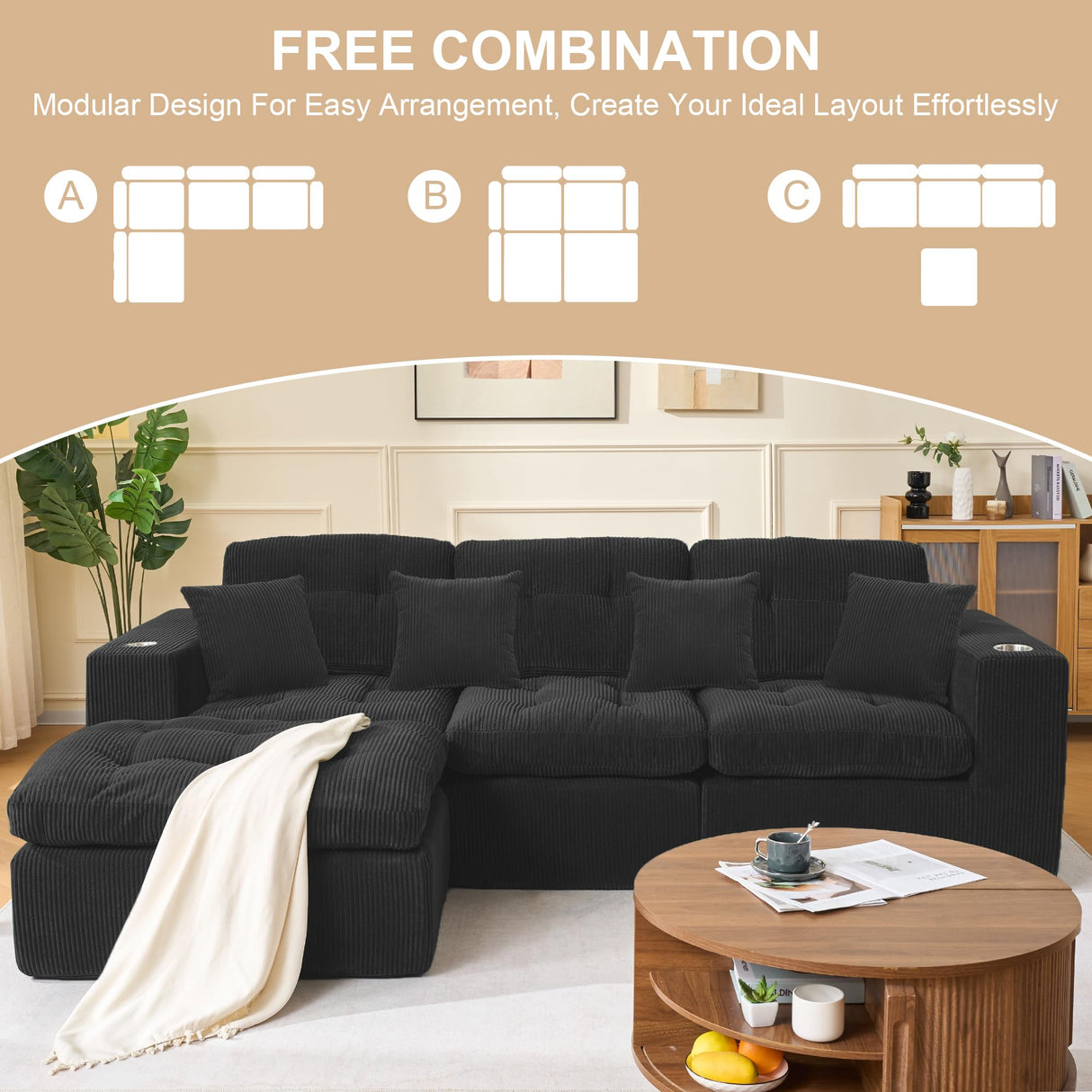 YKVIQBY Modular Cloud 3 Seater Sofa L Shaped Sectional Couch, Comfy Modern Sectional with Cup Holders, Ergonomic Support & Free Combination for Apartment for Living Room Bedroom, Black YKVIQBY