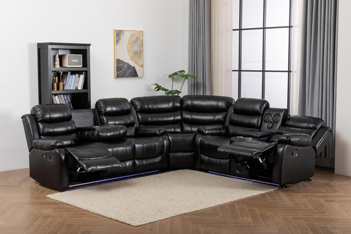 INSTORY 6-Seater Reclining Sofa Set, Faux Leather Living Room Set, Bluetooth Speakers, LED Lights, Drop Down Table, Cup Holders, USB Outlet, Storage Box (Black) INSTORY