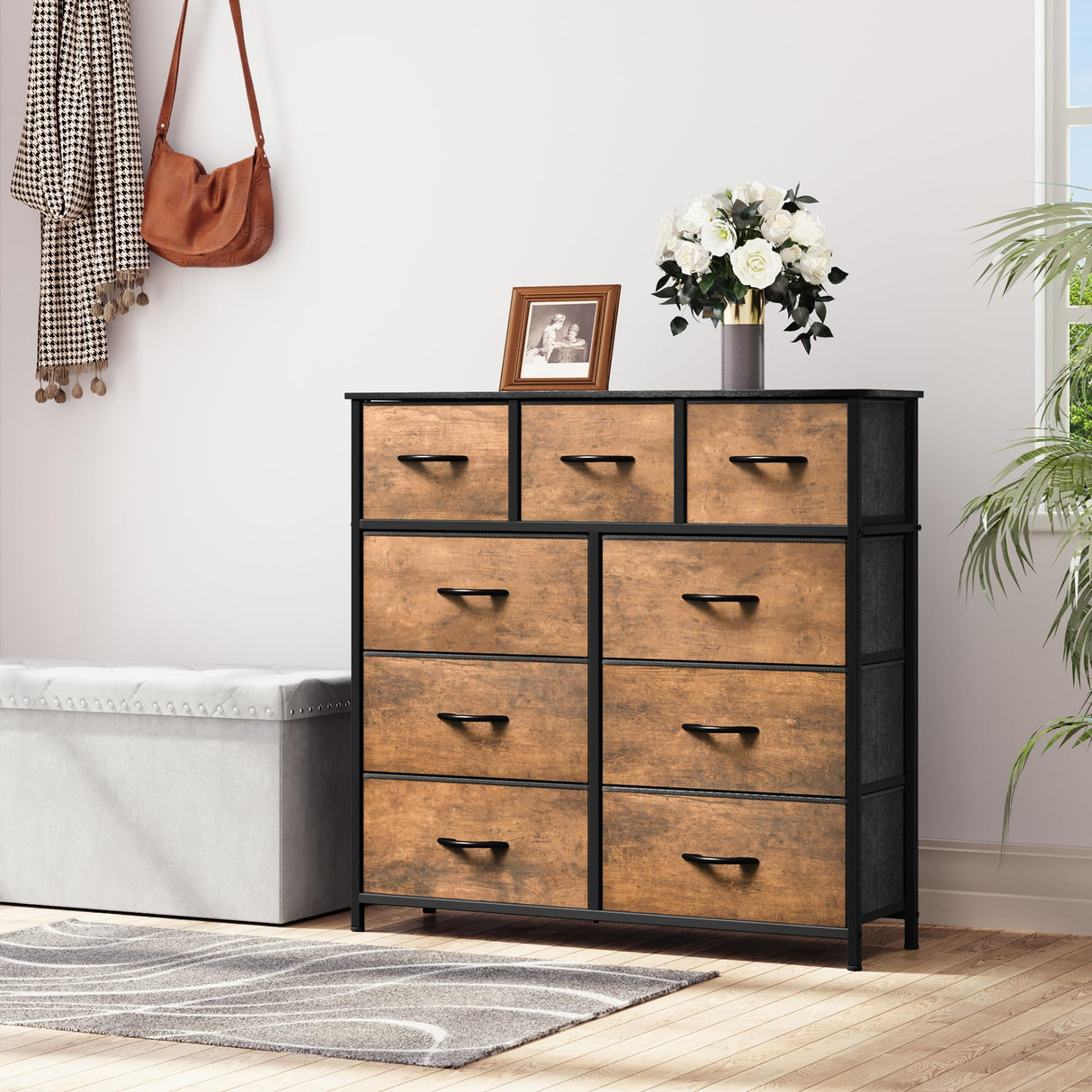 YITAHOME Dresser for Bedroom with 9 Drawers - Fabric Storage Tower, Tall Chest Organizer Unit for Living Room, Entryway, Closets with Sturdy Steel Frame, Wooden Top, Brown YITAHOME