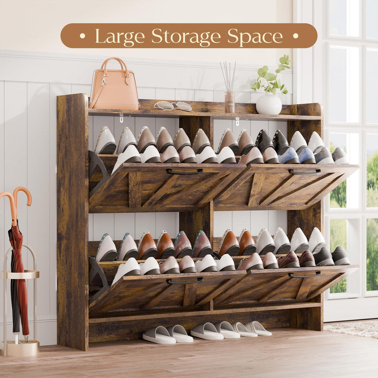 MU Shoe Storage Cabinet with 4 Flip Drawers, Freestanding Shoe Cabinet, Shoe Organizer with Wood Legs for Entryway, Slim Shoe Cabinet, Rustic MU