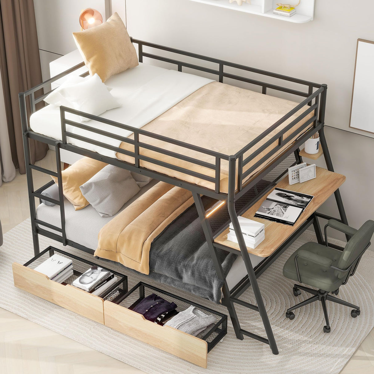 Harper & Bright Designs Metal Full Over Full Bunk Bed with Built-in Desk, Light and 2 Drawers, Industrial Bunkbeds with Ladder and Full-Length Guardrail, Noise Free, No Boxing Spring Needed, Black Harper & Bright Designs