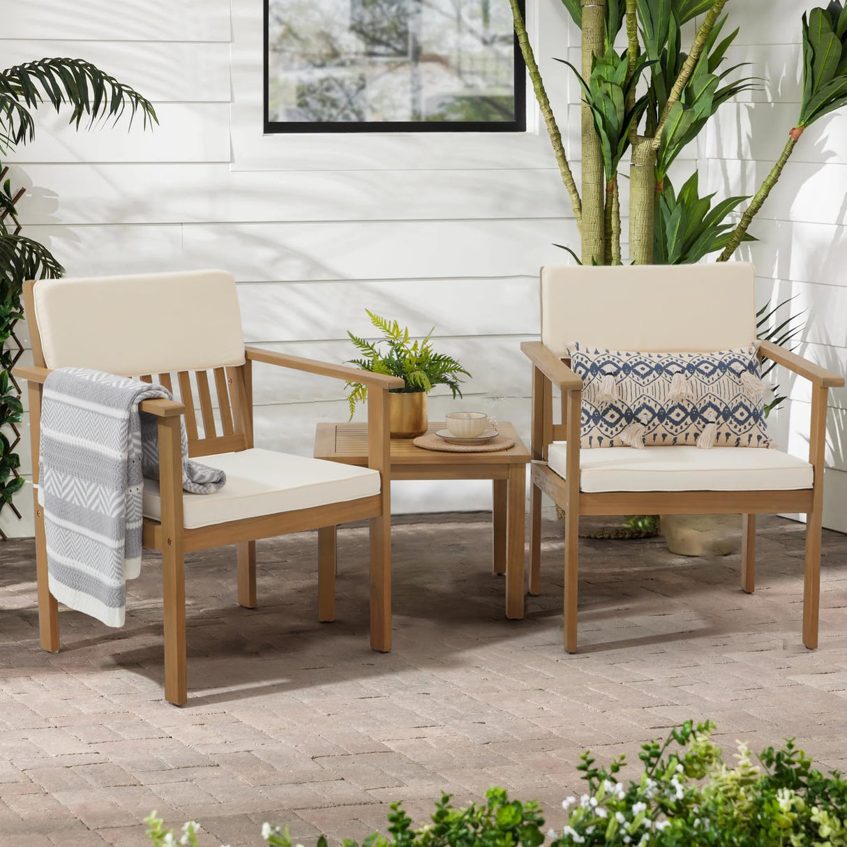 SUNSITT Patio Set 3 Piece Acacia Wood Outdoor Patio Furniture Set FSC Certified Bistro Table and Chairs with Cream White Cushions for Balcony, Porch, Backyard SUNSITT