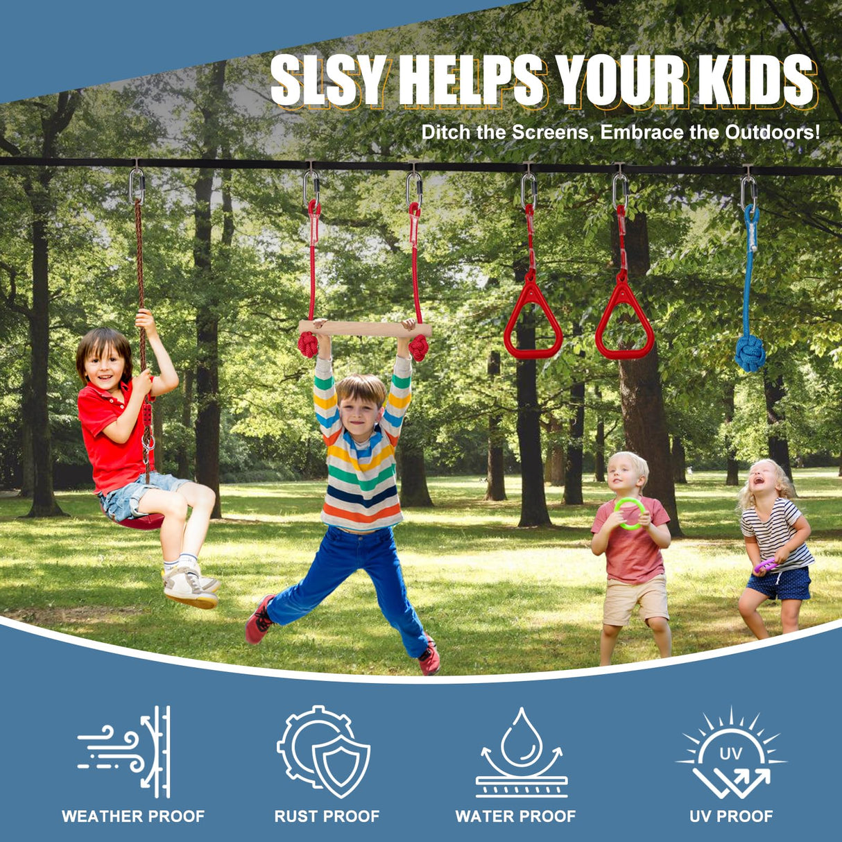 Slsy Ninja Warrior Obstacle Course for Kids, 50FT Durable Ninja Slackline Kit with 8 Complete Accessories, Playset Equipment with Swing, Climbing Net, Ladder & Monkey Bars (8 Obstacles) Slsy