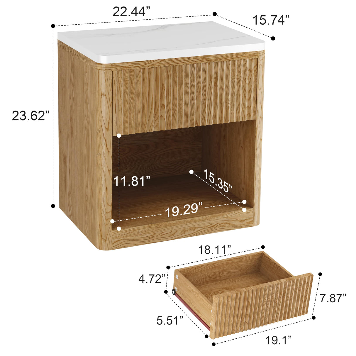 Yusong Night Stand, Wood Fluted Nightstand, 22" Large Bedside Table End Table with Faux Marble Top, Modern Night Stands with Drawer Storage for Bedroom Living Room, Natural Oak (1) Yusong