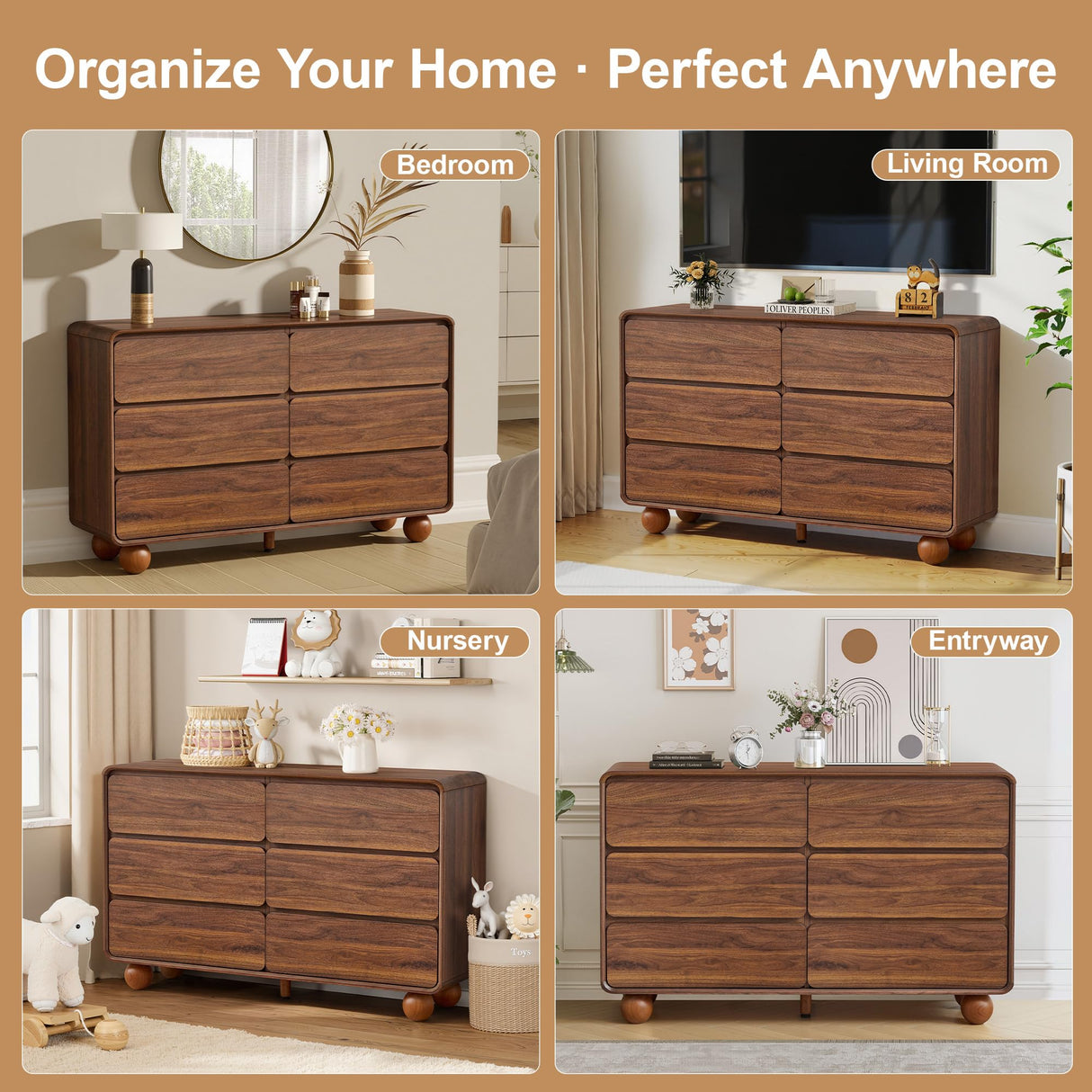 AVZEAR Modern 6 Drawer Dresser for Bedroom, 48" Wide Wooden Dresser Chest of Drawers, Handle Free & Curved Profile Design, Mid Century Closet Clothes Storage Organizer for Living Room, Walnut AVZEAR