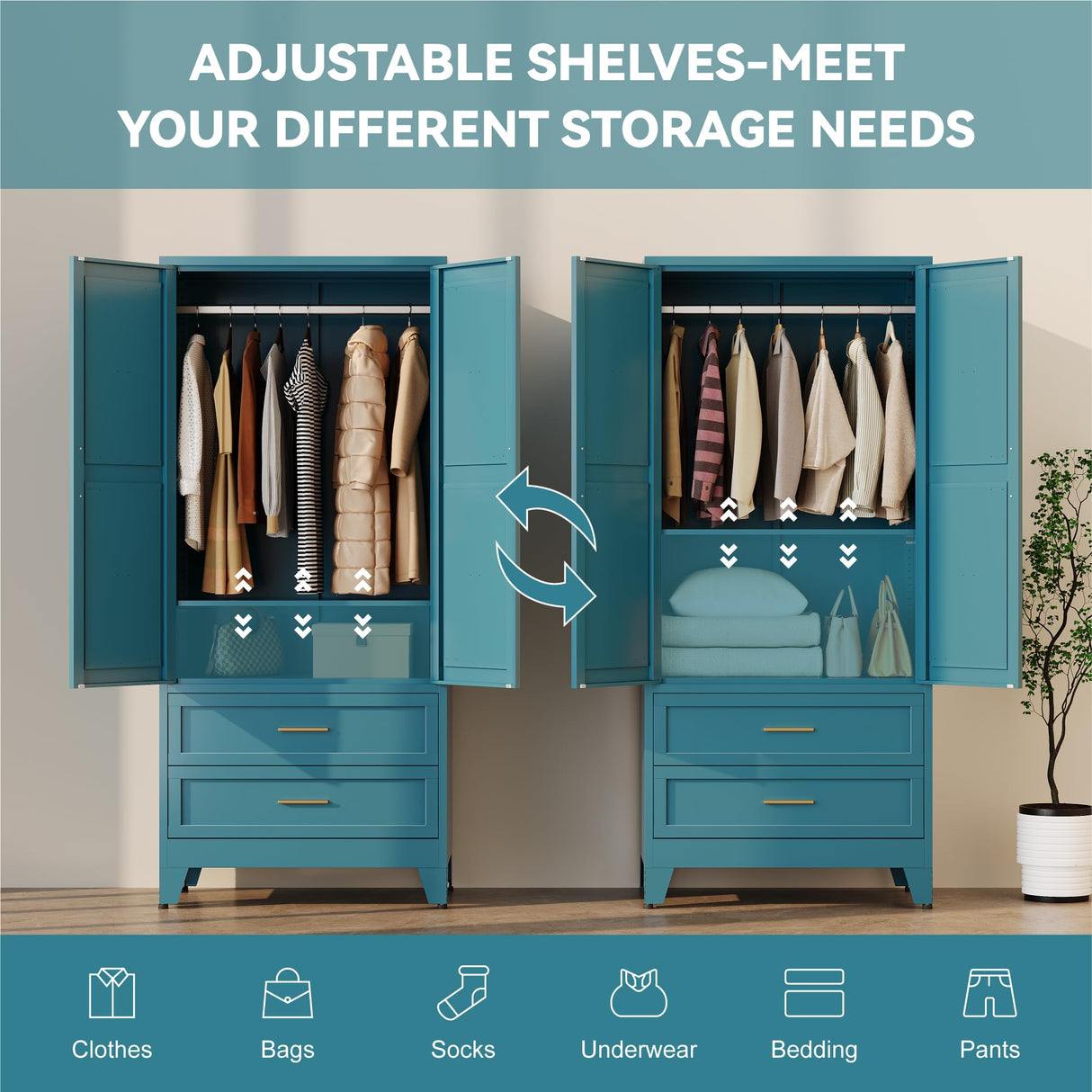 Baborokic Metal Wardrobe Cabinet with Hanging Rod, 71" Armoire Wardrobe Closet with 2 Drawers,Farmhouse Metal Clothing Storage Cabinets with Door and Adjustable Shelves for Bedroom,Laundry Room(Blue) Baborokic