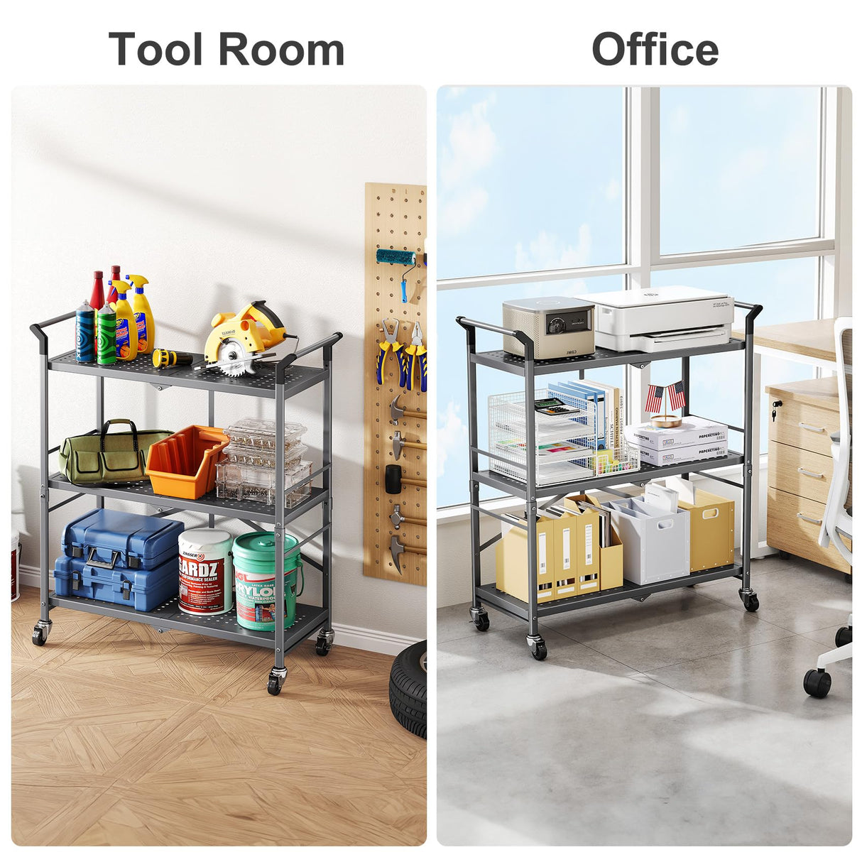 HKWOTINHA Folding Rolling Cart with Wheels - 3 Tier Collapsible Utility Cart, Metal Service Cart (Large) HKWOTINHA