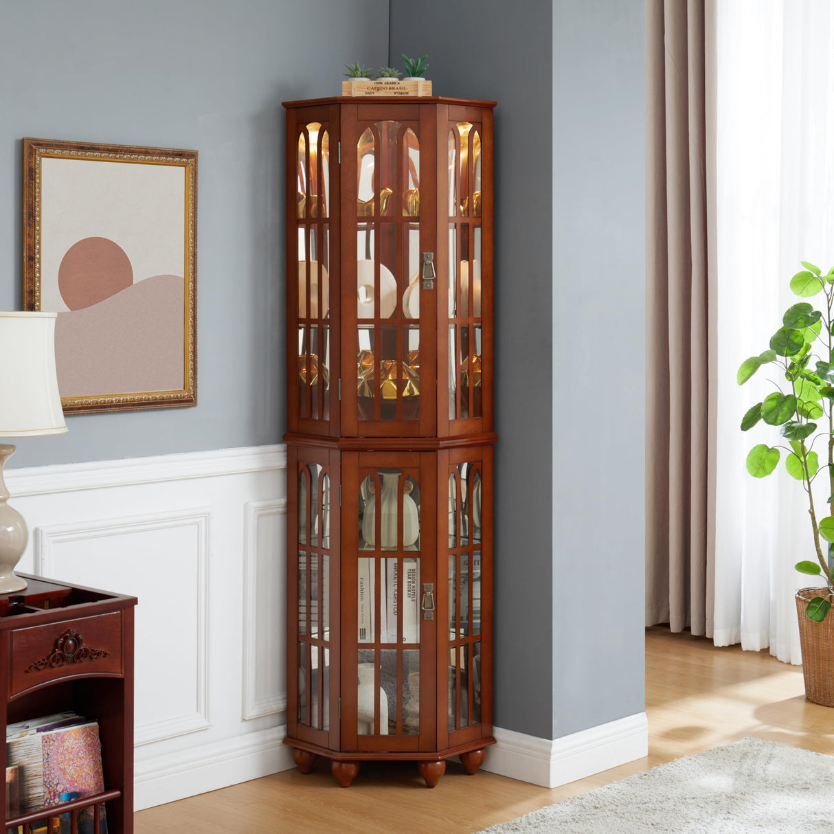 Anveffeg Corner Curio Cabinet with Glass Shelves, Tempered Glass Doors, Solid Wood Legs, 70H x 22W x 16.95D inches (Walnut) Anveffeg