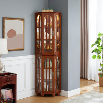 Anveffeg Corner Curio Cabinet with Glass Shelves, Tempered Glass Doors, Solid Wood Legs, 70H x 22W x 16.95D inches (Walnut)